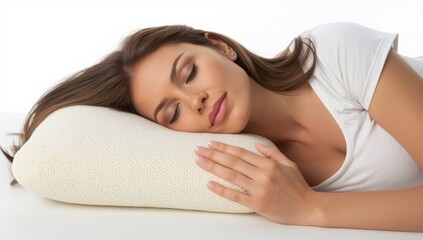 Fototapeta premium Closeup of a woman with a memory foam pillow on a light backdrop