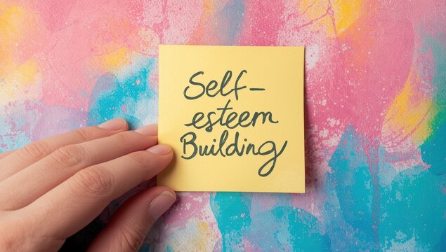Colorful sticky note with a handwritten note for boosting self-esteem