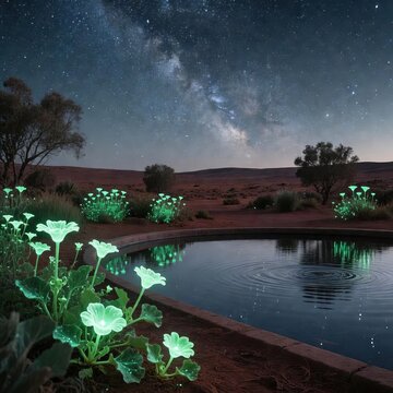 A quiet meditative park featuring bioluminescent flora and inter