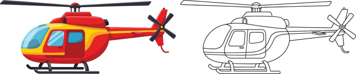 Colorful cartoon helicopter and its outline version a fun vector illustration for childrens books coloring activities or transportation themes isolated on white background © Naveed