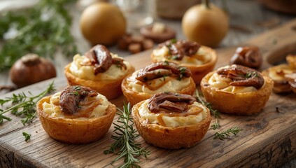 Cottage cheese and marinated mushroom-filled potato tartlets on a rustic setting