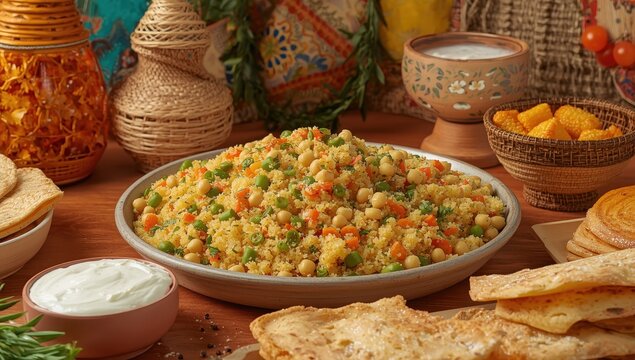 Couscous salad featuring chickpeas, beans, carrots, peas, bread, and yogurt
