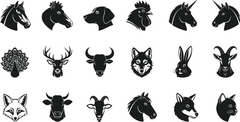 Fototapeta premium Animal head silhouette, horse, dog, rooster, unicorn, peacock, deer, bull, fox, goat, rabbit, wildlife icons, vector illustration collection