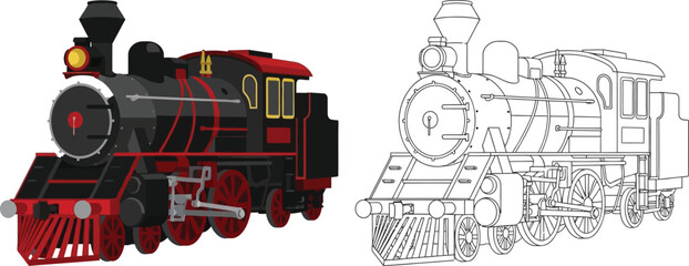 Detailed vintage steam locomotive vector illustration featuring both a vibrant colored version and a clean outline drawing ideal for transportation history or childrens educational content © Naveed