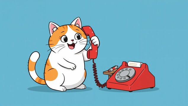 A cheerful cartoon illustration features a chubby, happy cat holding a vintage red telephone to its ear, with a friendly smile