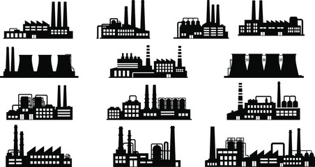 Fototapeta premium Industrial factory, refinery, power station, cooling tower, smokestack, energy infrastructure, manufacturing building, heavy industry, silhouette vector illustration icons collection