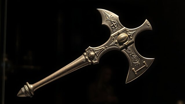 A medieval halberd with axe blade and spear point, displayed in museum lighting. event programs, museum guides, designed for cultural heritage projects and event programs.