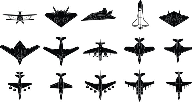 Silhouette illustrations of diverse aircraft including military jets, bombers, and space shuttle, vector aviation design concept and aerospace representation