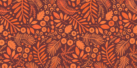 Autumnal botanical pattern with leaves berries and branches in warm tones © Poly