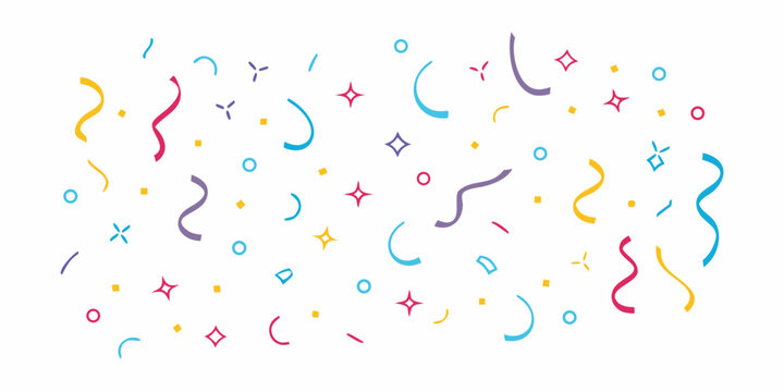 Colorful confetti and streamers scattered across a bright white background
