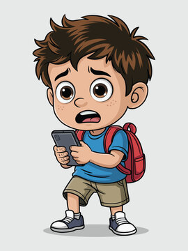 Cute Cartoon School Boy with Backpack Using Smartphone &ndash; Kids Character Illustration