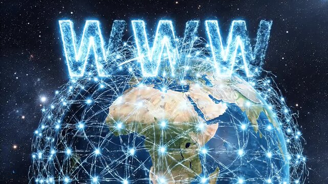 A network of glowing blue connections encircles a segment of Earth in space