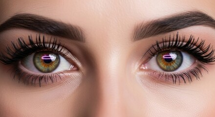 Fototapeta premium Close-up of beautiful female eyes with long dark eyelashes and perfectly shaped eyebrows, showcasing vibrant green irises and subtle makeup for beauty and cosmetic themes