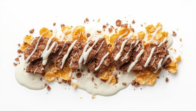 Crumpled chocolate pillows for breakfast on a white background. Broken choco cereal pads with cream and crispy corn flakes, a healthy sweet treat