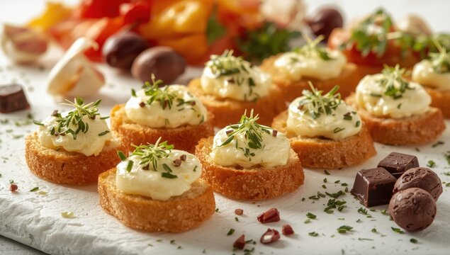 cheese atop baguette pieces, French appetizer, Spanish small dish with herbs on light backdrop