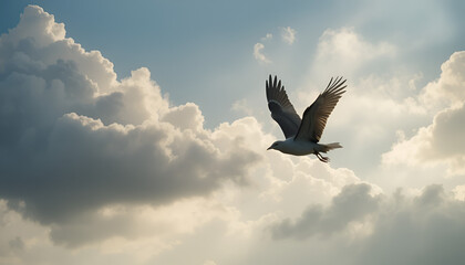 Fototapeta premium Seagull soars powerfully across a dramatic sky filled with voluminous grey and white cumulus clouds under bright, intense sunlight.