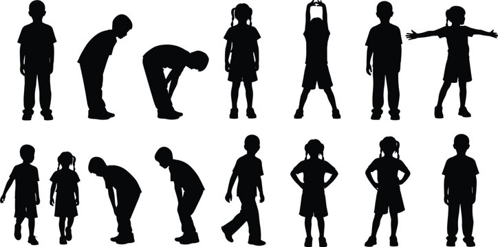 Silhouette vector illustration of fourteen children in rows, standing and moving poses, boys and girls, ponytails, minimal design, childhood activity artwork