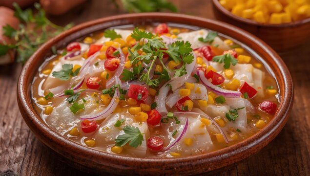 Ceviche Clasico is a classic Peruvian dish featuring fresh fish soaked in lime juice along with onions, chilies, and cilantro