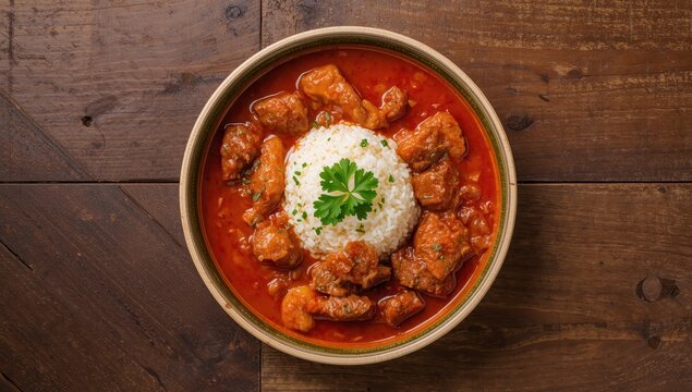 Braised beef with pickles and tomato sauce (azu or goulash) alongside rice and parsley. Delicious homemade meal. Overhead food shot. Blank space. Wooden table backdrop