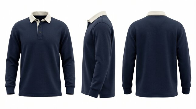 Navy blue rugby shirt isolated on white background, various views.