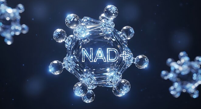 Abstract 3d render of nad+ molecule with transparent sphere texture