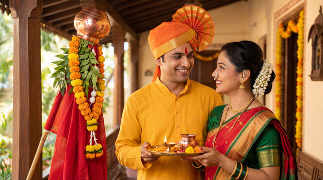 Festive Indian couple celebrating Gudi Padwa with traditional puja