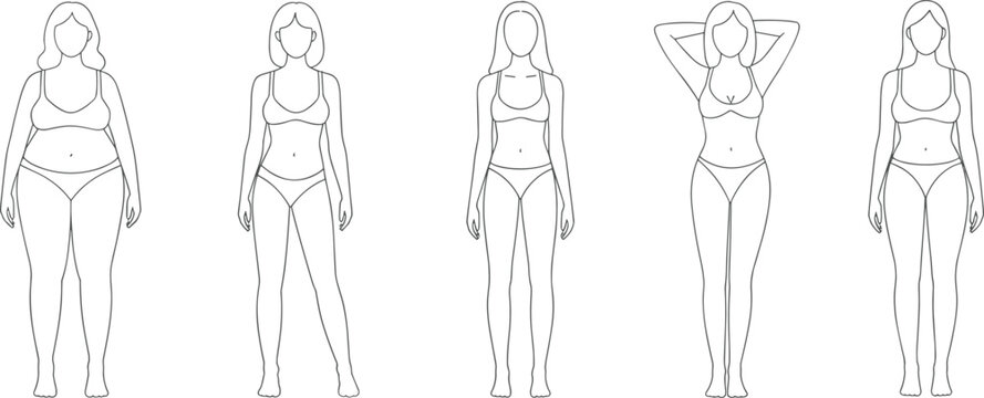 Female body types diversity flat vector outline anatomy fashion design set