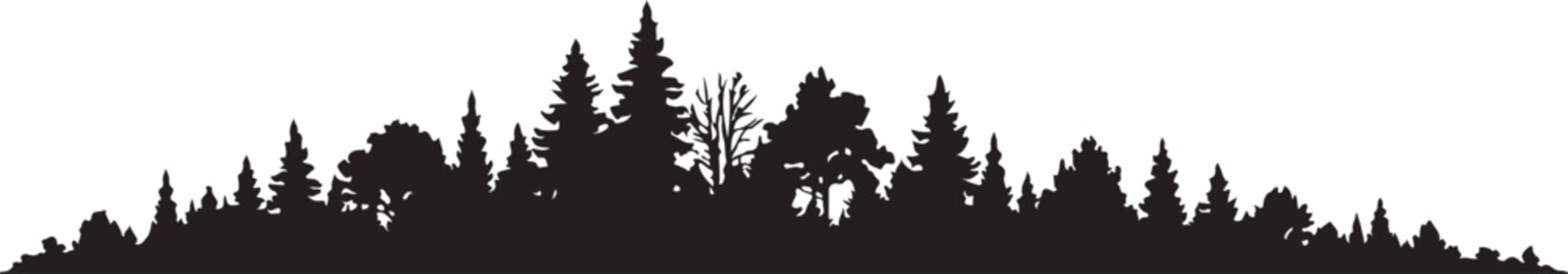 Black forest treeline silhouette isolated on white background, coniferous and deciduous wood panorama vector