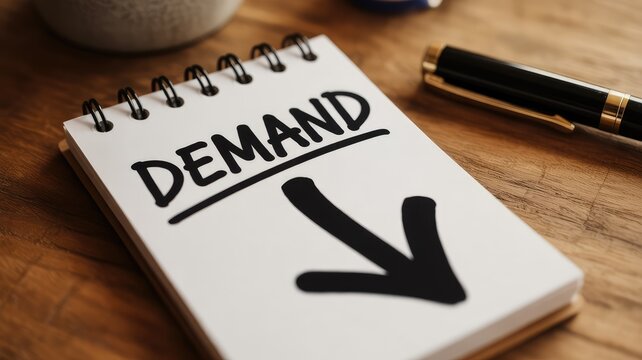 Handwritten word demand with a large downward pointing arrow sketched on a small notepad near a pen.