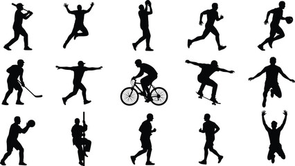Sports silhouettes collection featuring athletes in diverse activities including baseball, basketball, football, cycling, boxing, skiing, skateboarding, and running