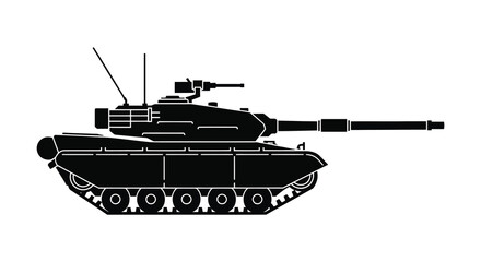 A stark black silhouette of a modern military tank side view with distinct turret features silhouette © nhpvect02