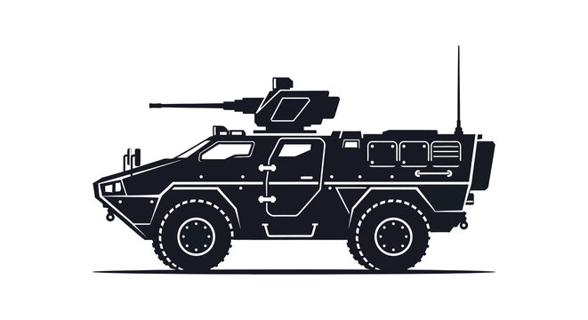 A stark black silhouette of a modern armored fighting vehicle showcasing military technology silhouette high quality