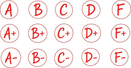 School grade badge icons A B C D F with plus and minus red handwritten education evaluation vector illustration set © MdMohimot