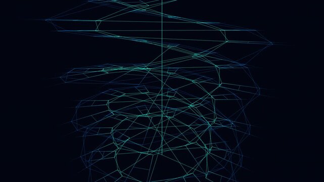 Seamless 4K loop of a holographic spiral tower with 52 floating floor plates. High-contrast midnight blue architectural animation featuring parametric vertical rotation for smart city visualization.