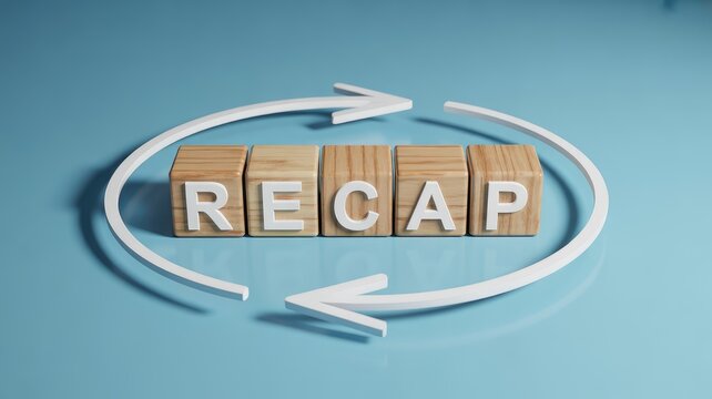 Wooden blocks spelling the word recap encircled by a white arrow symbolizing review and repetition in business