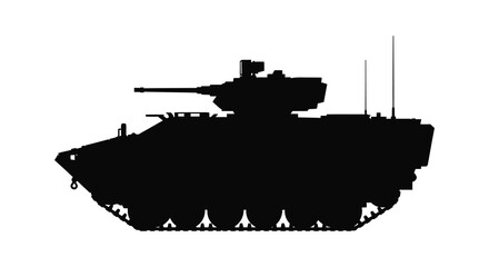 A stark black silhouette of a modern military tank against a plain white background silhouette © nhpvect02