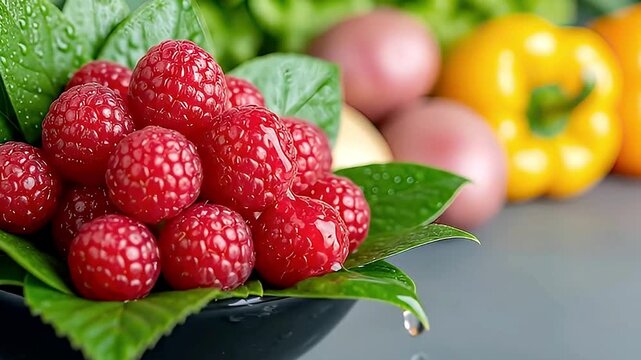 A vibrant close-up captures a pristine collection of fresh, ripe raspberries nestled on lush green leaves within a sleek black bowl. A single, crystalline water droplet gracefully falls and splashes o