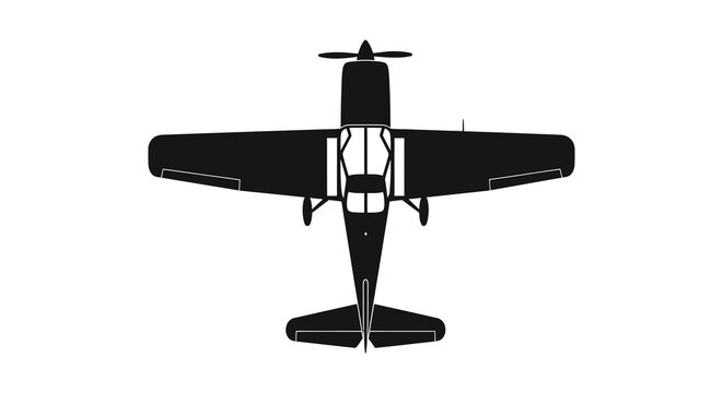 A stark black silhouette of a single engine bush plane viewed from directly above silhouette high quality
