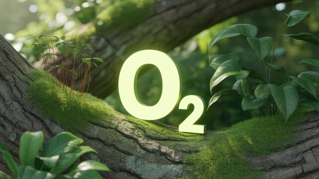 Glowing oxygen molecule symbol rests upon a mossy tree branch surrounded by lush forest greenery and sunlight