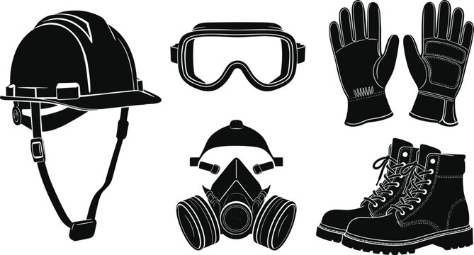 Black Silhouette Set of Personal Protective Equipment PPE Icons Featuring Hard Hat Safety Goggles Work Gloves Respirator Mask and Steel Toe Boots for Industrial Safety