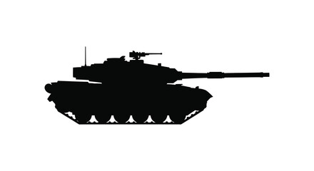 A stark black silhouette of a modern military tank against a plain white background silhouette © nhpvect02