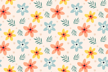 Cute Retro Floral Seamless Pattern with Pastel Flowers and Leaves