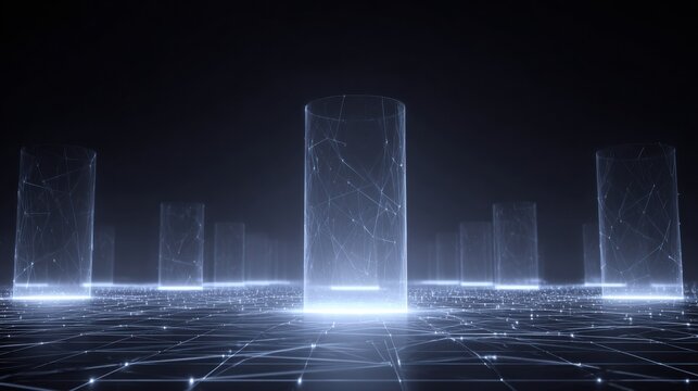 Concept of Financial System Infrastructure With Network Pillars and Glowing Grid Showing One Pillar Slightly Destabilized