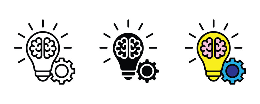 Light bulb with brain and gear icon set. Creative thinking and problem solving process symbol. Vector Illustration.