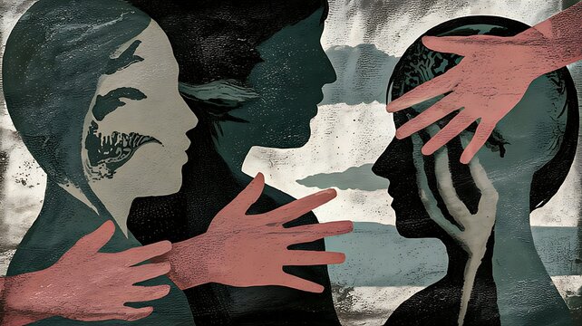 Abstract illustration of multiple faces and hands showing domestic violence trauma and emotional distress