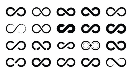 Obraz premium Collection of various black infinity symbols on white background representing eternity and unity concepts