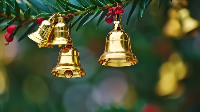 Golden Bells Hanging on Christmas Tree Branch.