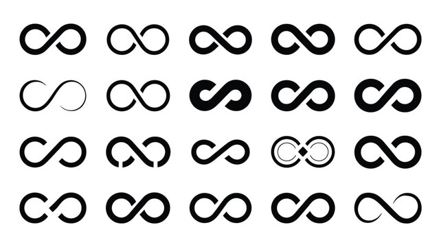Collection of various black infinity symbols on white background representing eternity and unity concepts