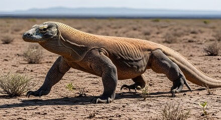 Massive Komodo dragon moving across arid landscape, showcasing the strength and prehistoric appearance of the world&rsquo;s largest living lizard
