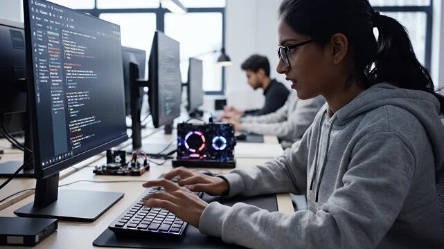 Young woman in glasses types on a glowing keyboard at her computer workstation